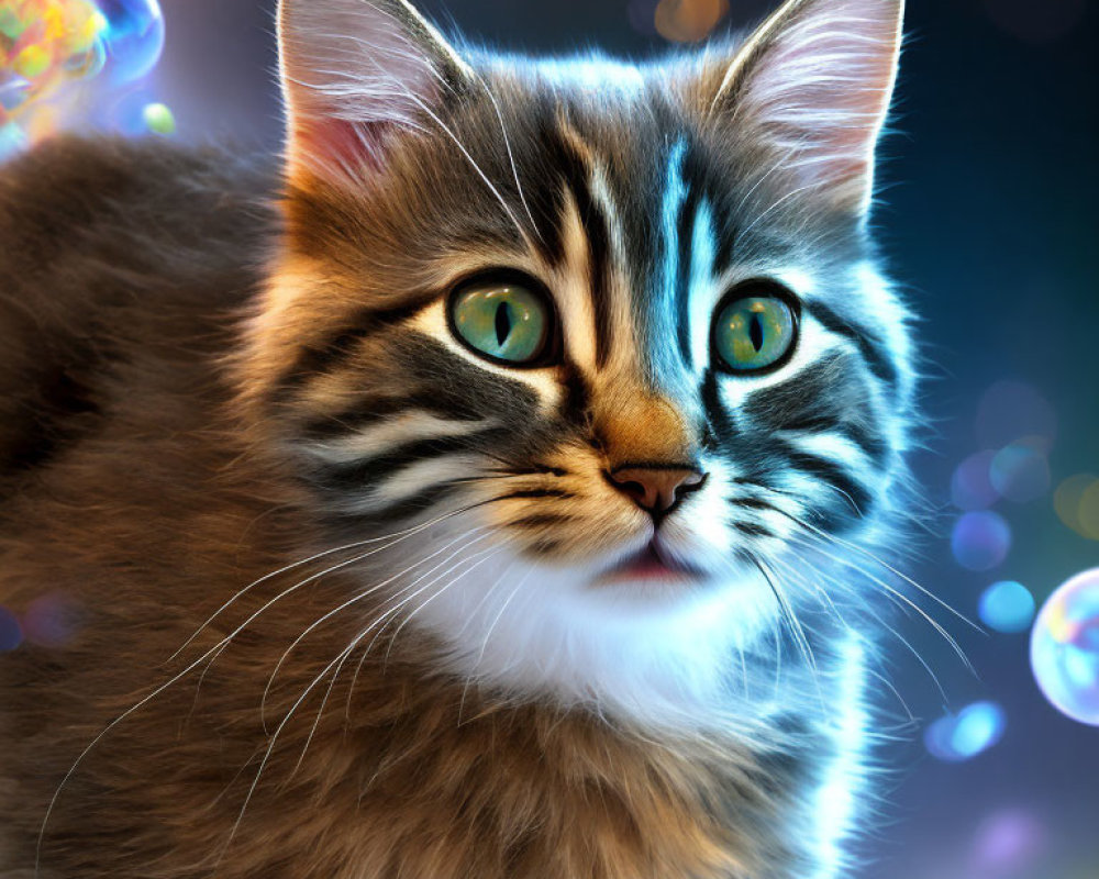 Fluffy Tabby Cat with Green Eyes in Colorful Light Bubbles