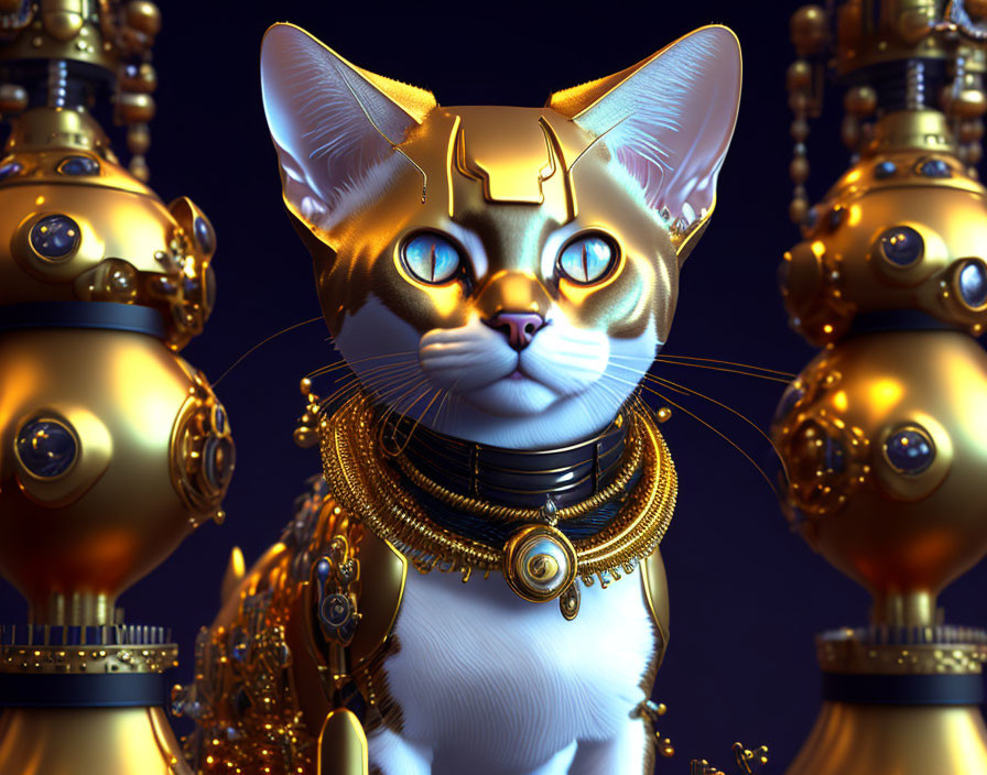 Majestic metallic golden cat illustration with intricate designs and necklace in 3D art.