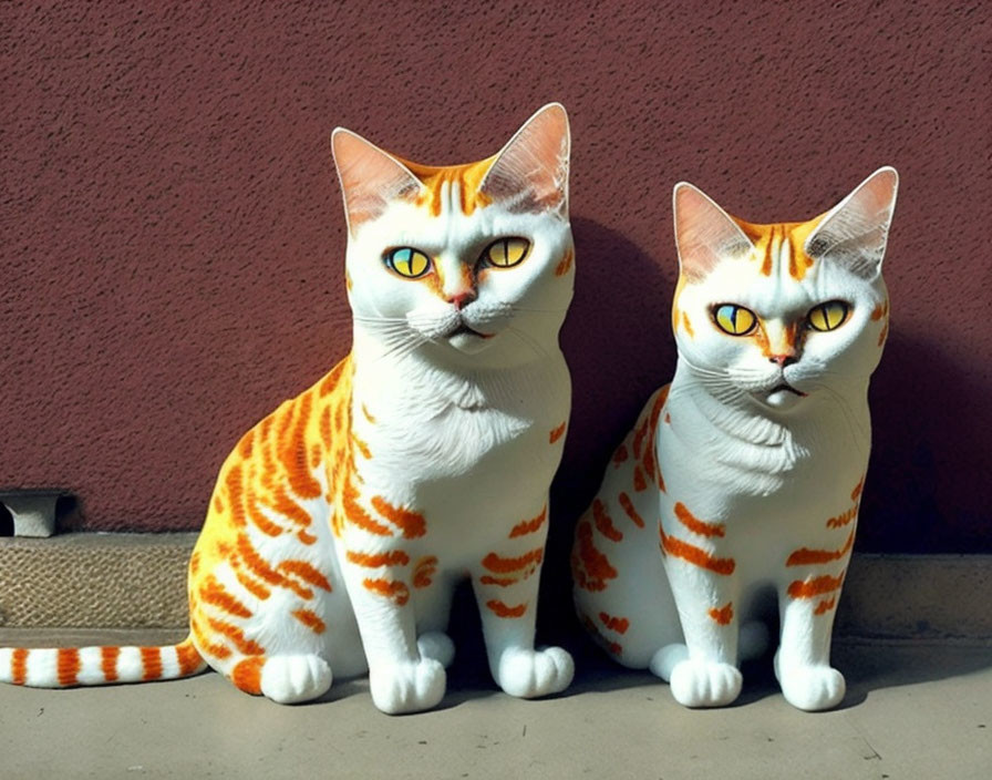 Realistic Orange and White Striped Cat Figurines on Purple Wall