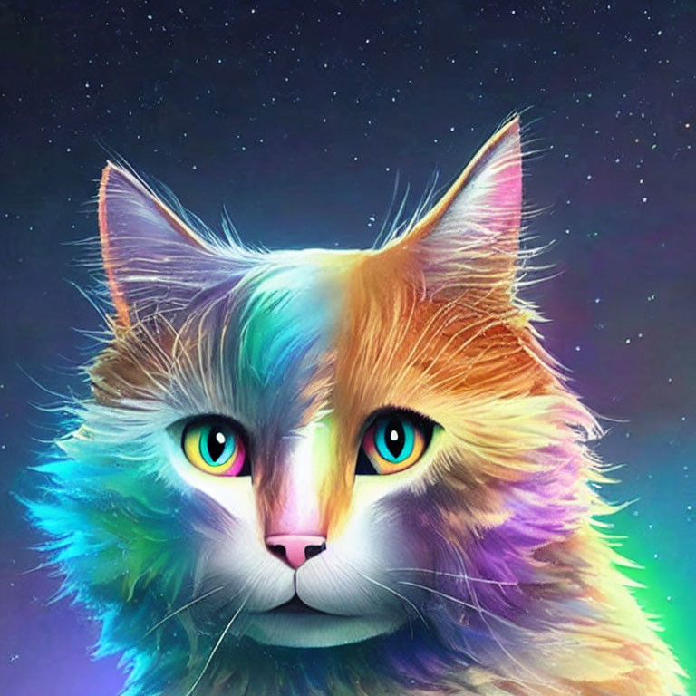 Colorful Cat with Green Eyes on Rainbow Fur Against Starry Night Sky