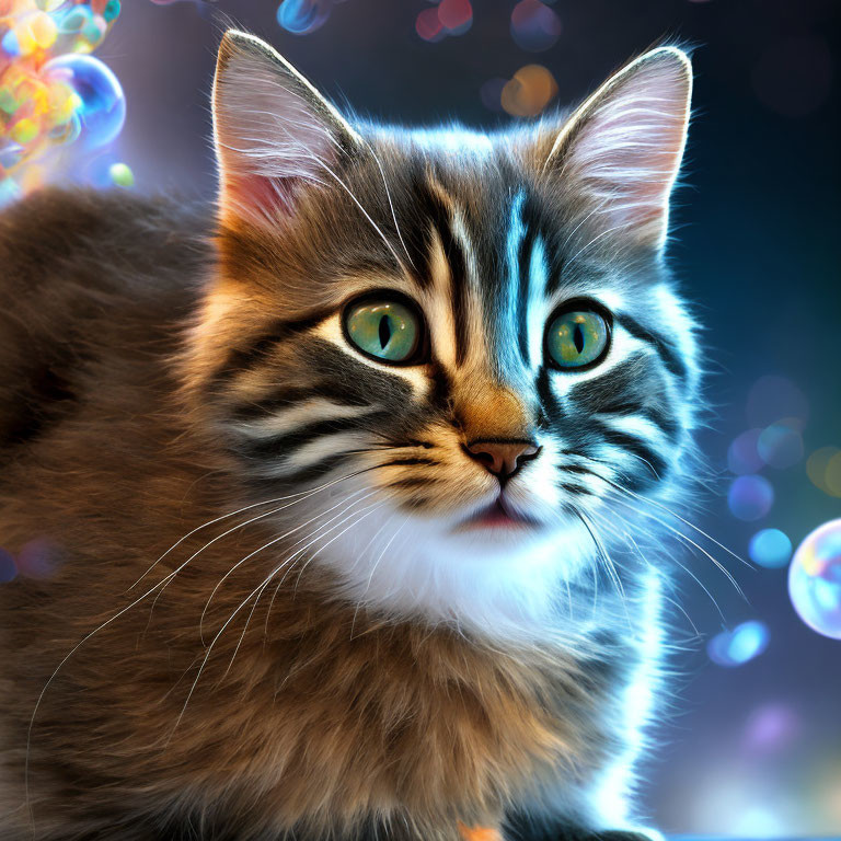 Fluffy Tabby Cat with Green Eyes in Colorful Light Bubbles