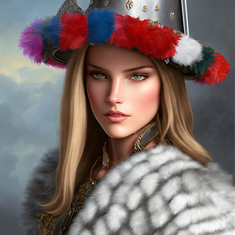 Digital portrait of woman with colorful feathered helmet & fur cloak