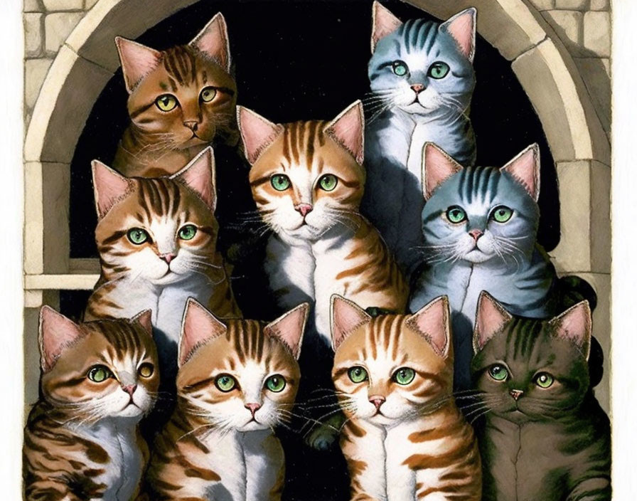 Nine Cats with Various Patterns Sitting in Front of a Gothic Window