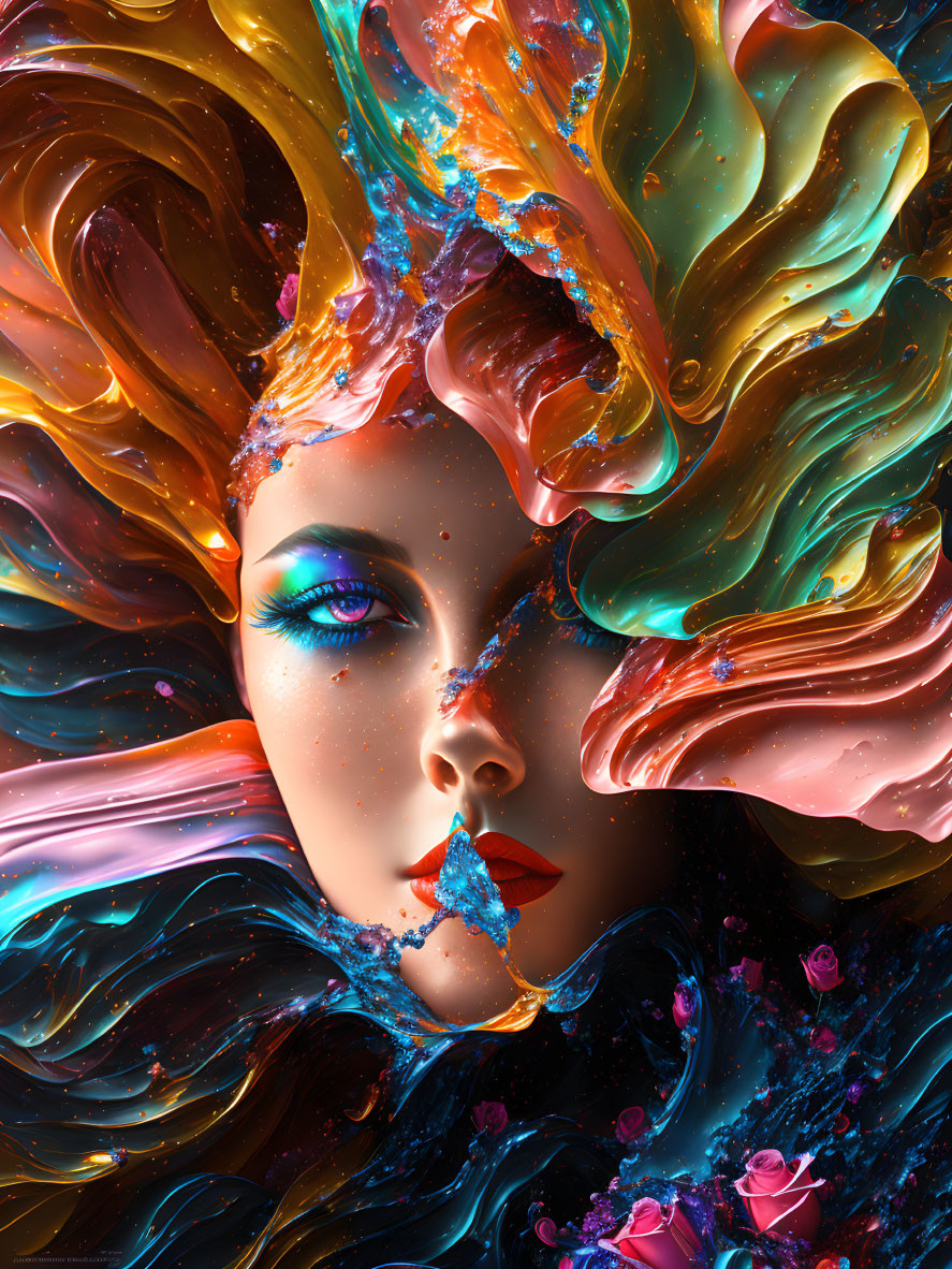 Colorful Woman with Swirling Hair and Flowers in Surreal Setting