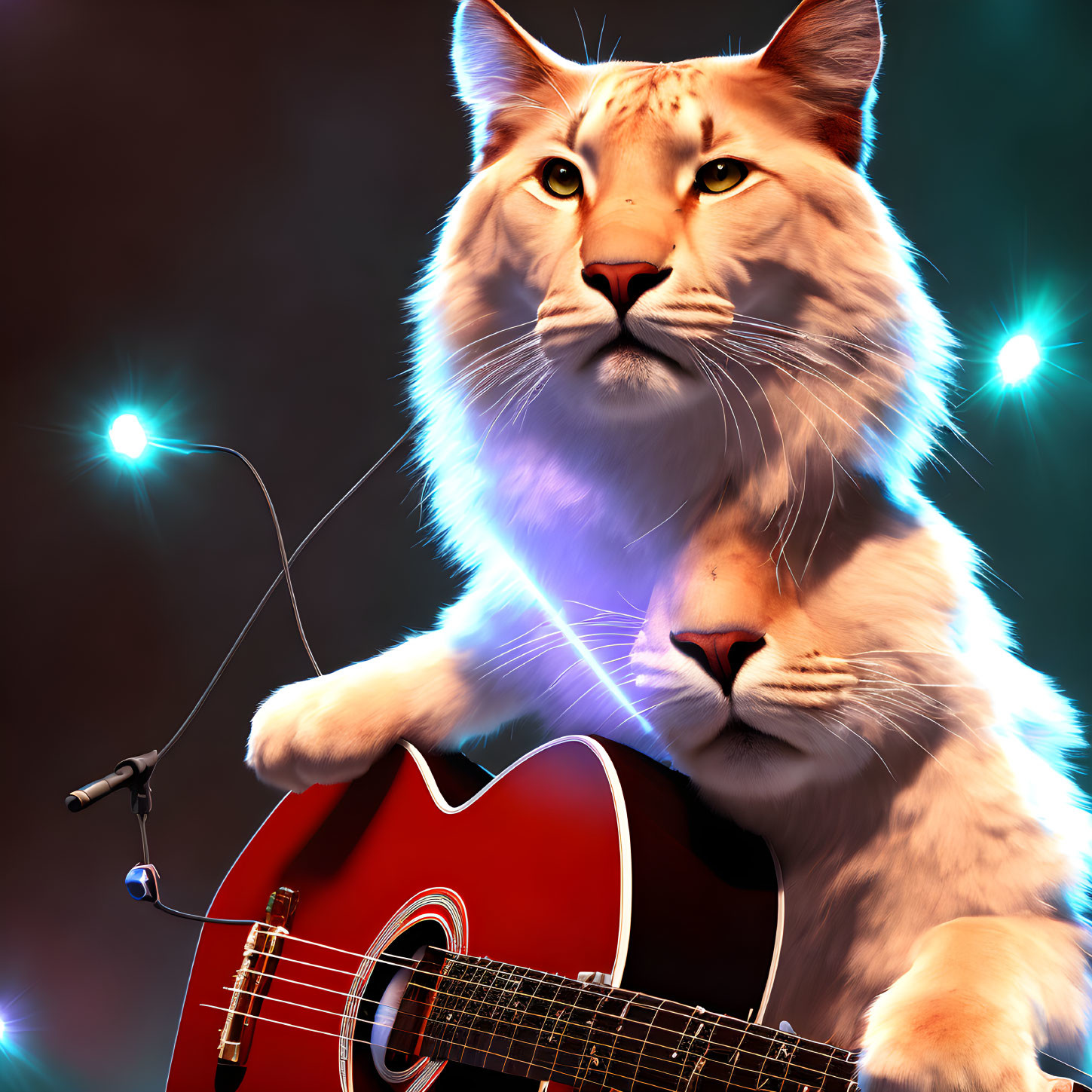 Anthropomorphic lion playing red acoustic guitar on stage with spotlights.