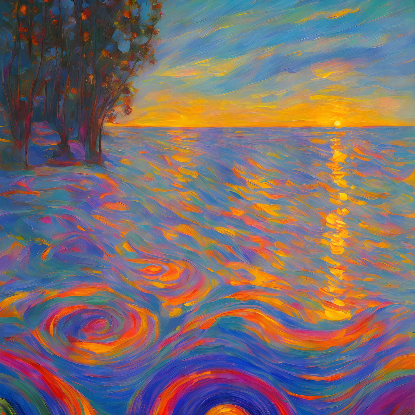 Impressionist-style sunset painting over ocean with swirling waves.