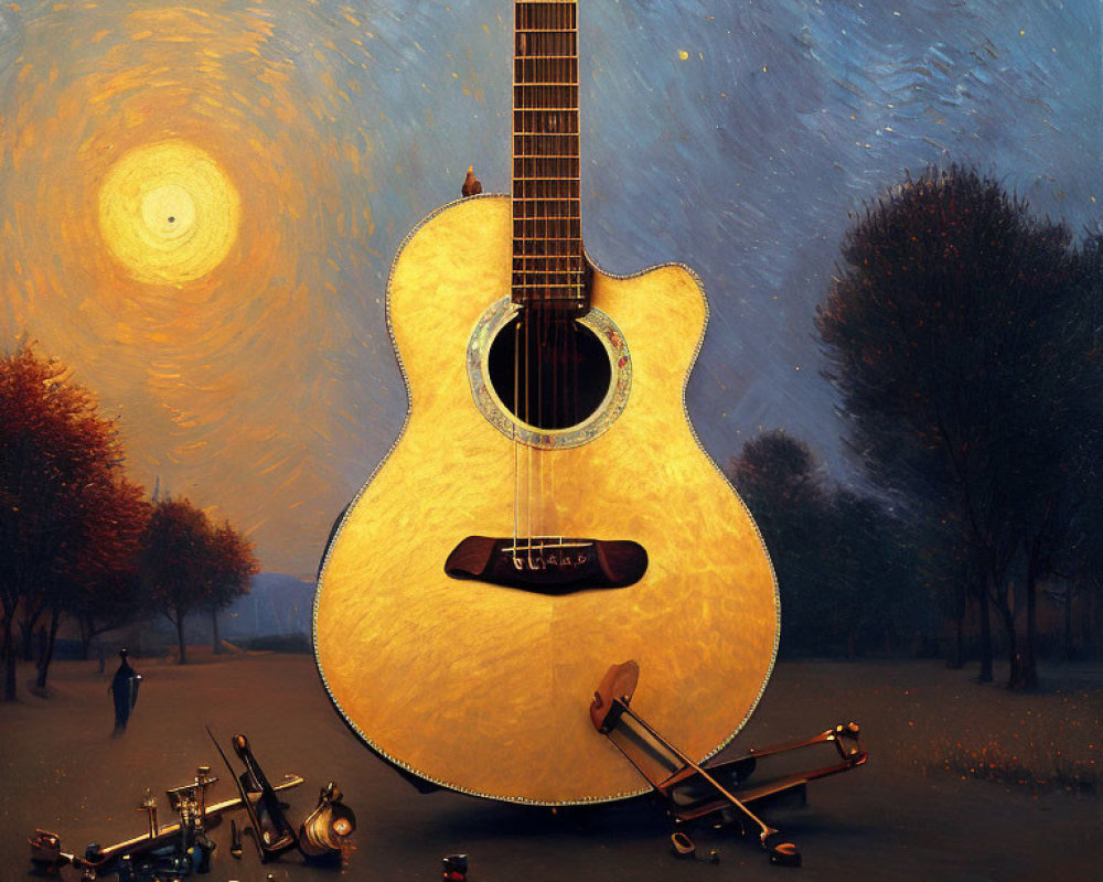 Oversized acoustic guitar in park at dusk with starry sky and pedestrians