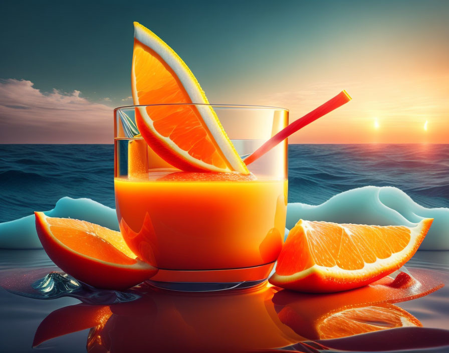 Orange juice glass with orange slices, sunset reflection on glossy surface