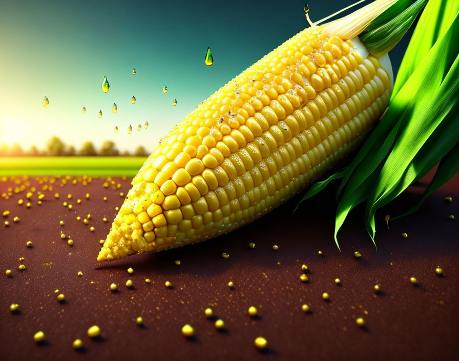 Ripe ear of corn with water droplets in agricultural field at sunset