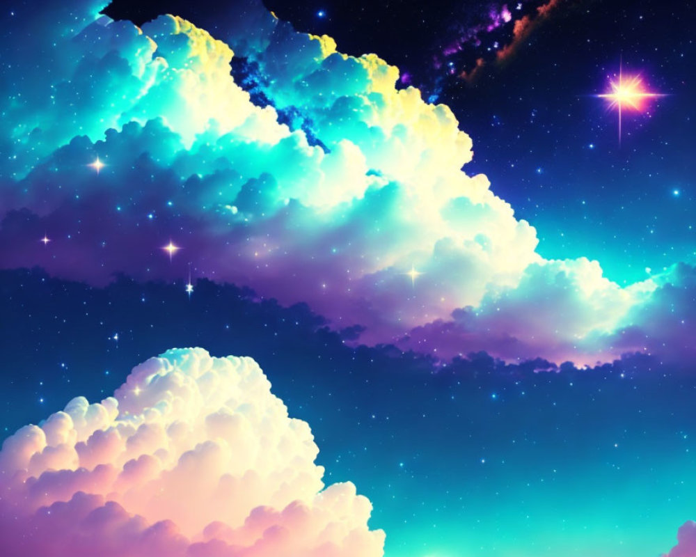 Colorful digital artwork of clouds against cosmic background with stars, nebulae, blue, purple,