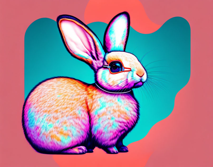 Colorful Rabbit with Large Pink Ears and Red Monocle on Vibrant Background