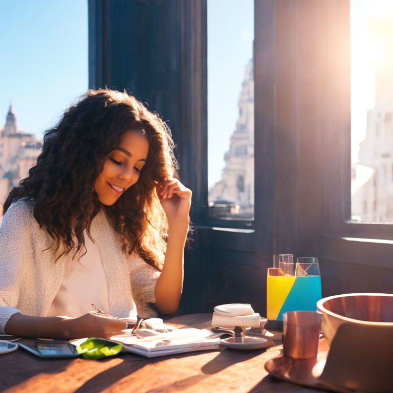 Woman smiling at cafe table with city view and notebook.