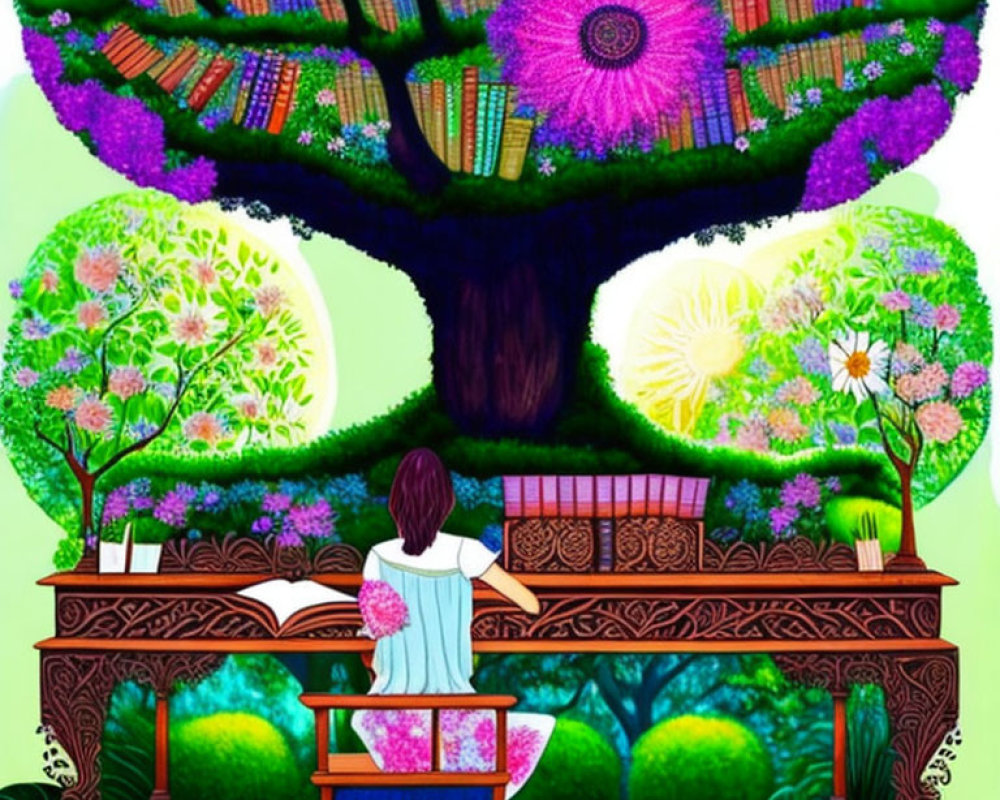 Colorful illustration of person reading at desk under tree with book shelves as leaves