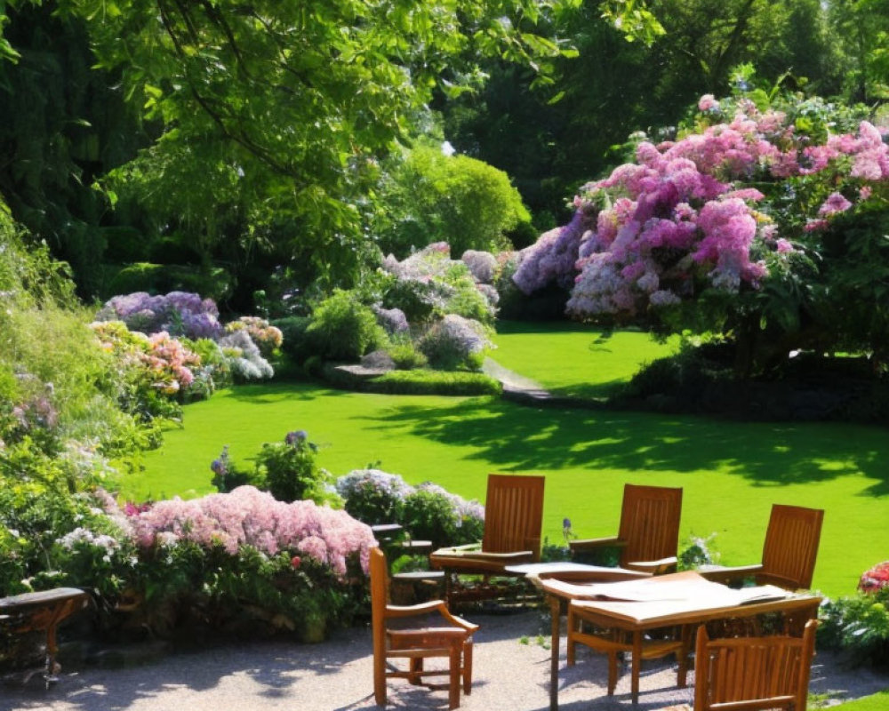 Tranquil garden scene with green grass, pink flowers, wooden chairs, table, gravel path,