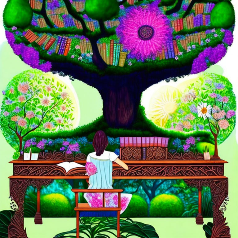 Colorful illustration of person reading at desk under tree with book shelves as leaves