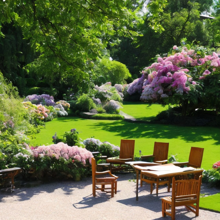 Tranquil garden scene with green grass, pink flowers, wooden chairs, table, gravel path,