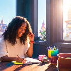 Woman smiling at cafe table with city view and notebook.