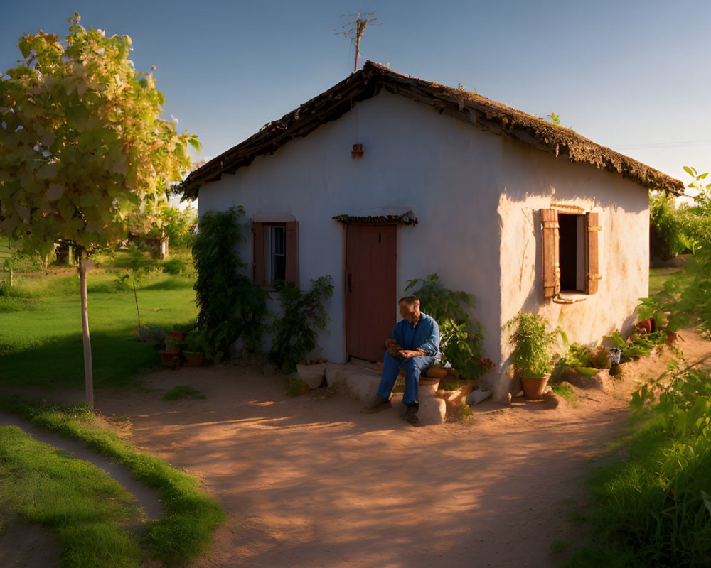 Man sitting outside rural house at sunset with warm golden light