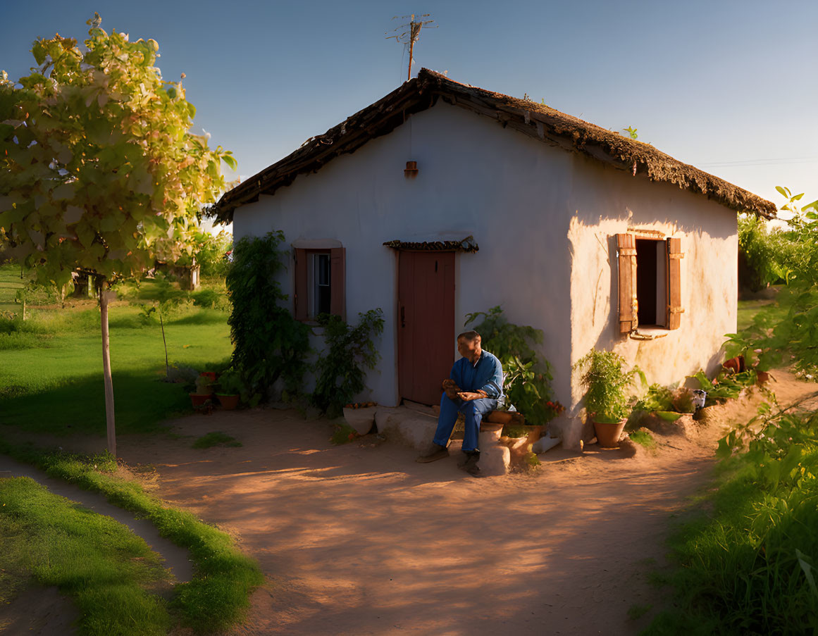 Man sitting outside rural house at sunset with warm golden light