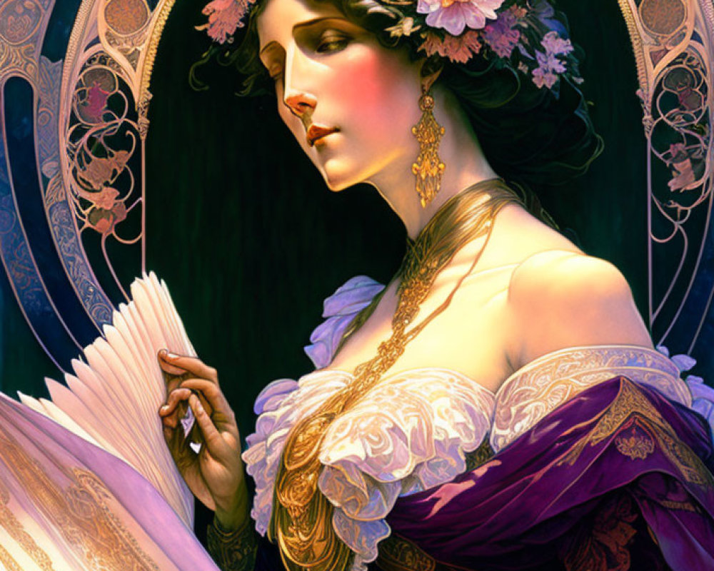 Woman in Purple Dress with Floral Headdress and Fan on Art Nouveau Background