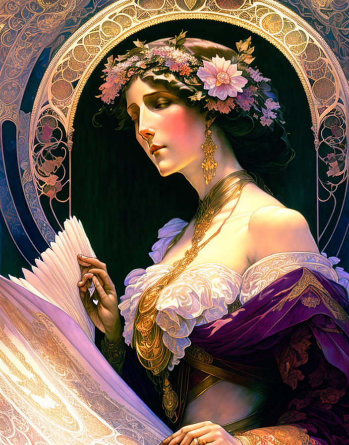 Woman in Purple Dress with Floral Headdress and Fan on Art Nouveau Background