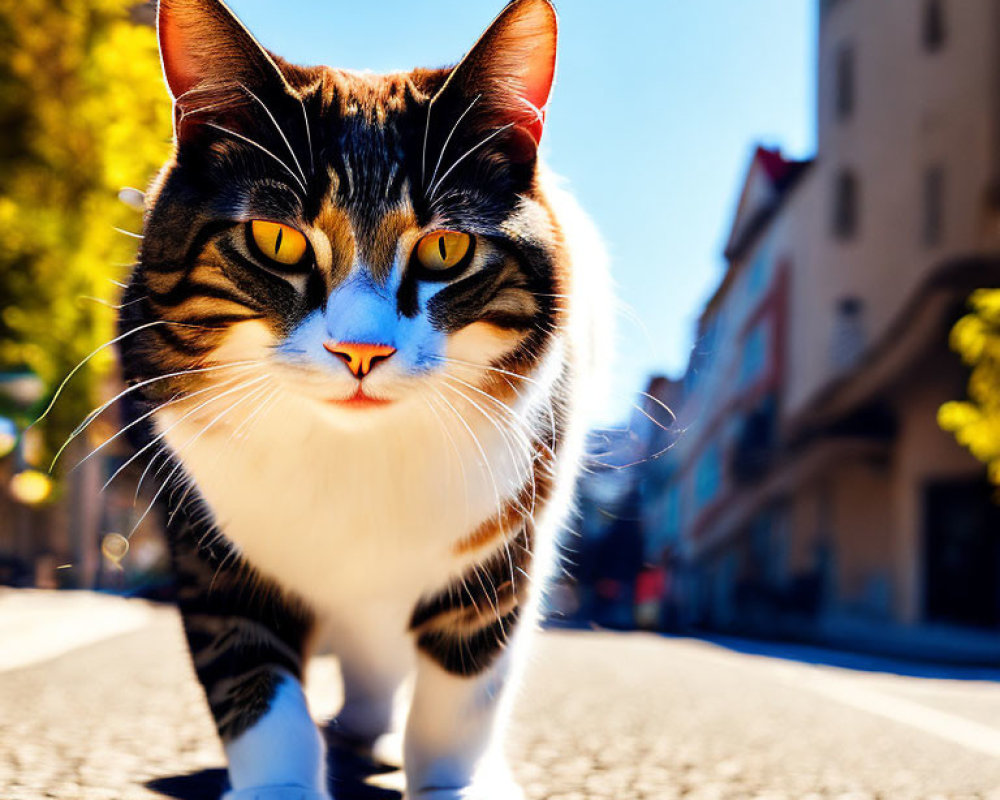 Tabby Cat with Black and White Markings Walking on Sunlit Street