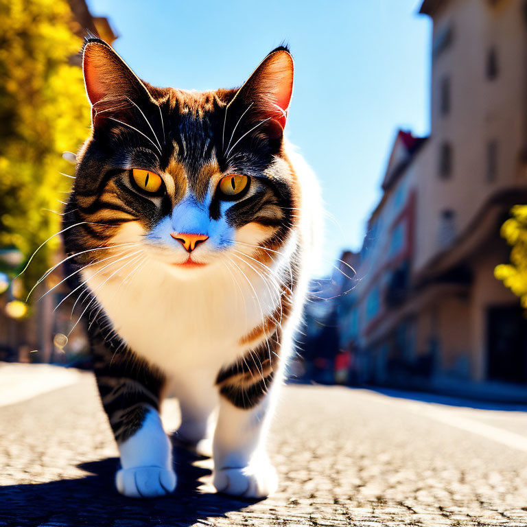 Tabby Cat with Black and White Markings Walking on Sunlit Street