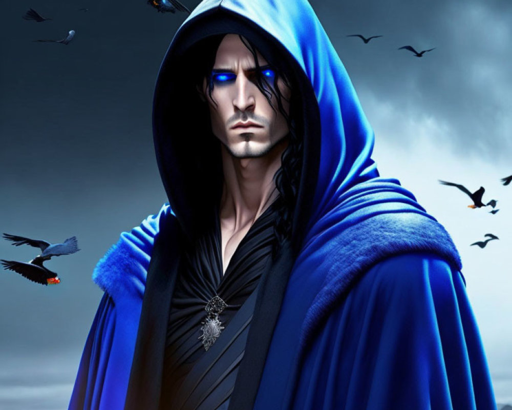 Mysterious figure in blue cloak under stormy sky with dark birds