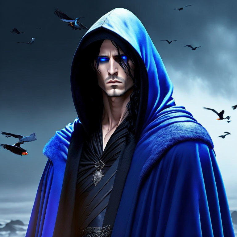 Mysterious figure in blue cloak under stormy sky with dark birds