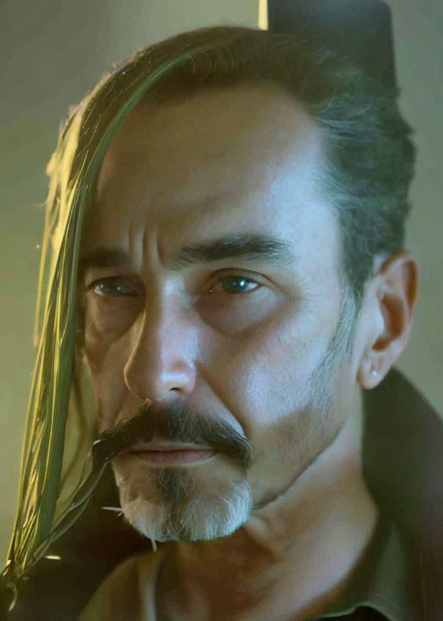 Middle-aged man with greying mustache and intense gaze in shadowy setting