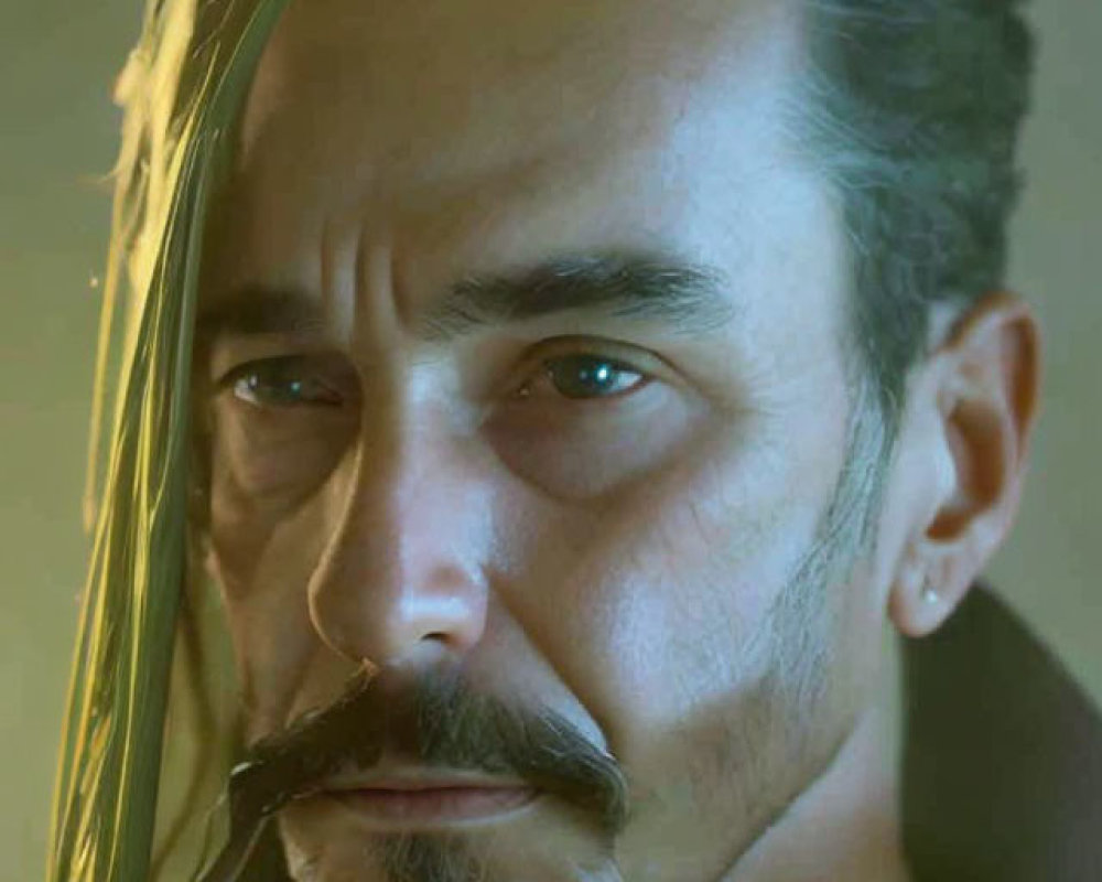 Middle-aged man with greying mustache and intense gaze in shadowy setting