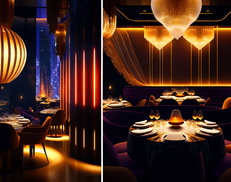 Elegant night view of luxurious restaurant interior with ambient lighting and cityscape view