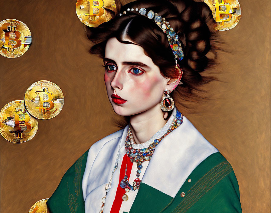 Digital portrait of woman in classical attire with Bitcoin symbols, blending elegance with modernity