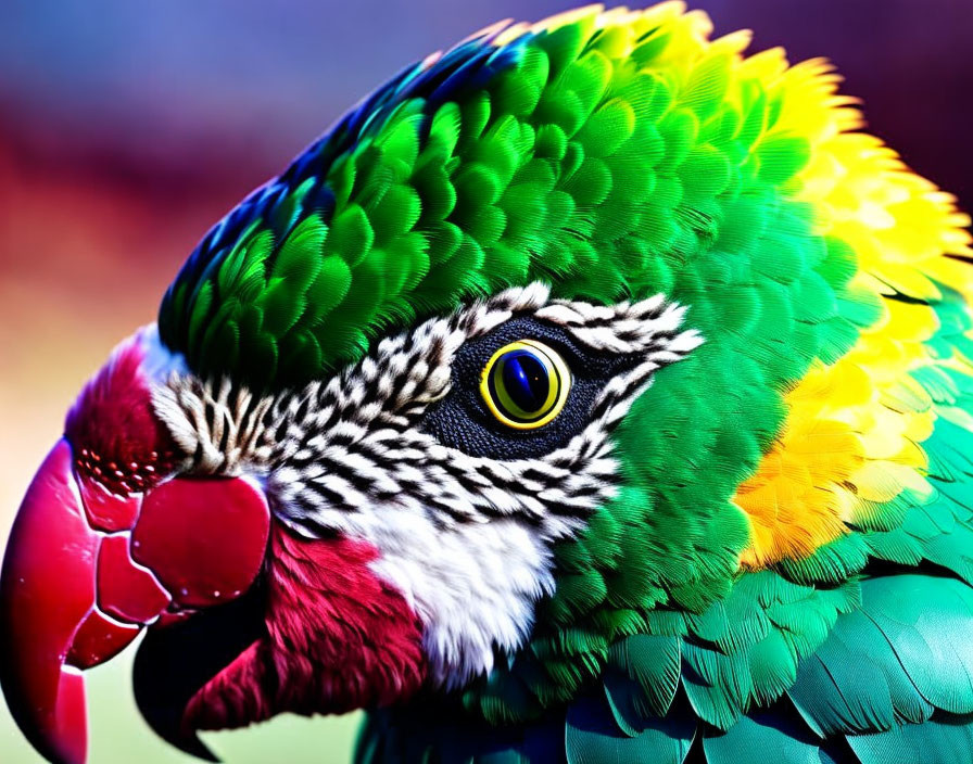 Colorful Parrot Close-Up: Green Feathers, Red Beak, Yellow Eye