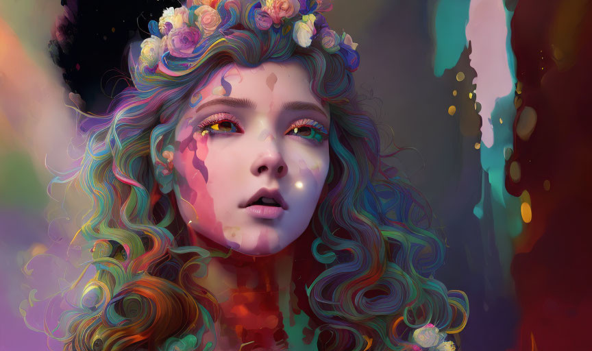 Vibrant digital artwork of a woman with flowing hair and floral adornments