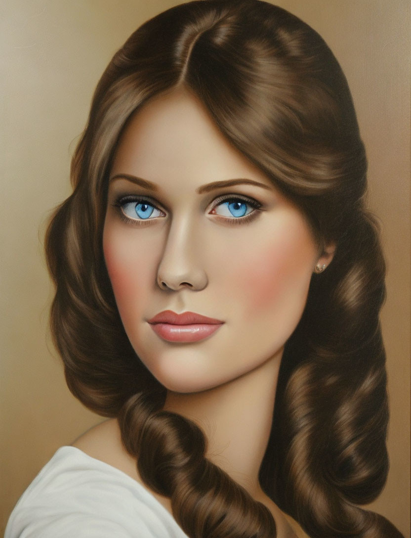 Portrait of a woman with blue eyes and brown hair on beige background