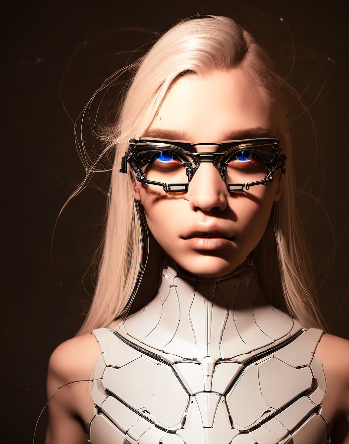 Futuristic android with pale skin and blonde hair in black glasses