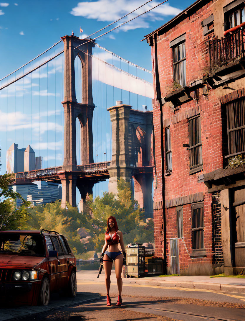 Urban scene with person, vintage car, and classic bridge on sunny street