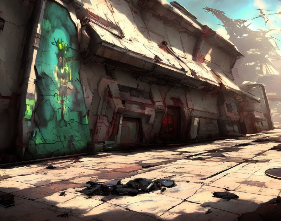 Dilapidated buildings and graffiti in post-apocalyptic city