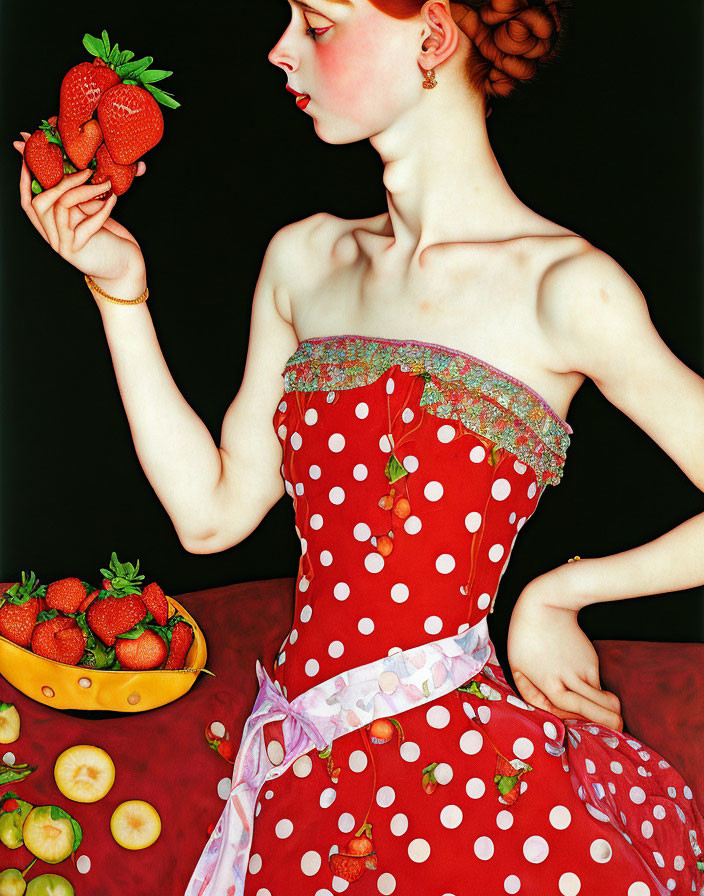 Polka Dot Dress Woman with Strawberries on Dark Background