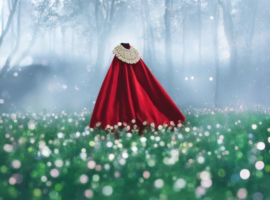 Red Cloak with Ornate Collar in Misty Forest Scene