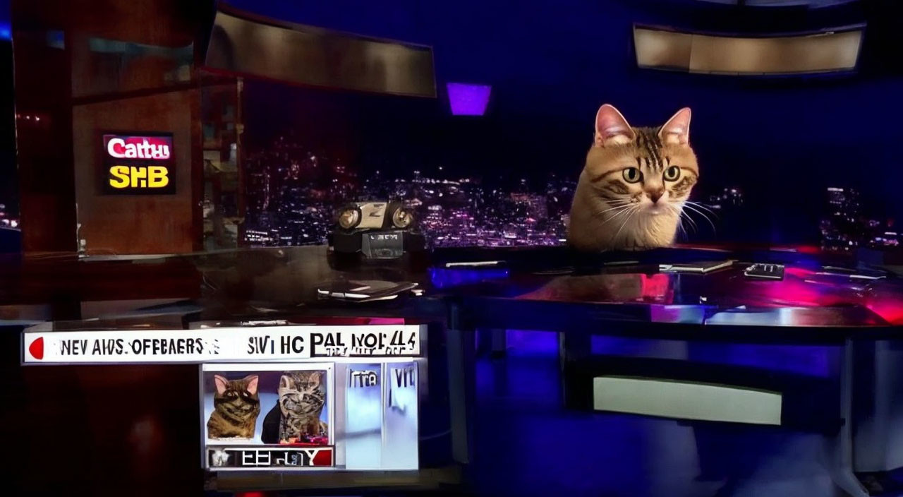 Cat with news anchor backdrop and monitors displaying cat images and text