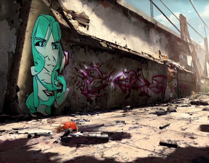 Stylized animated female character street art on dilapidated wall