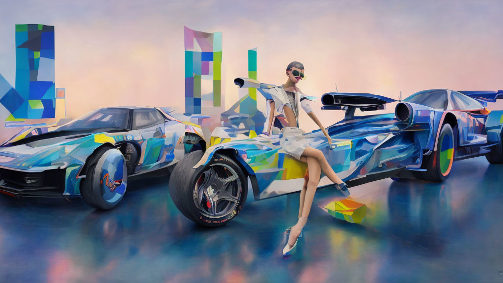 Fashionable woman in white attire on car with abstract colorful patterns