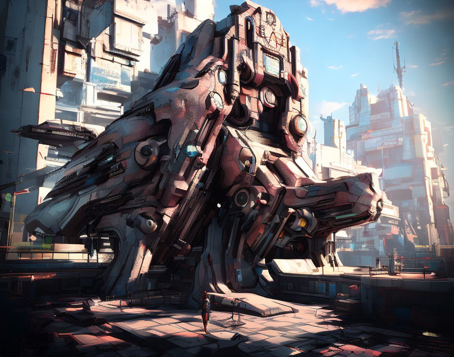 Gigantic futuristic mech in urban setting among high-rises