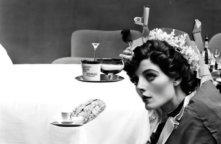 Monochrome image of stylish woman with dramatic makeup and elaborate hat at table with perfume bottles and cocktail