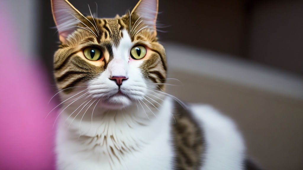 Brown and White Striped Cat with Yellow Eyes and Curious Gaze