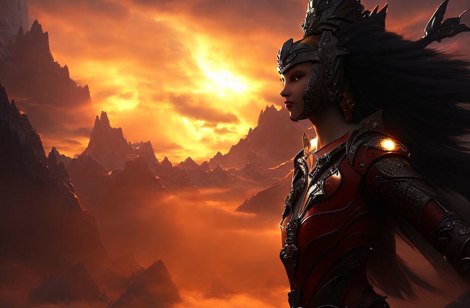 Fantasy warrior woman in ornate armor against fiery sky