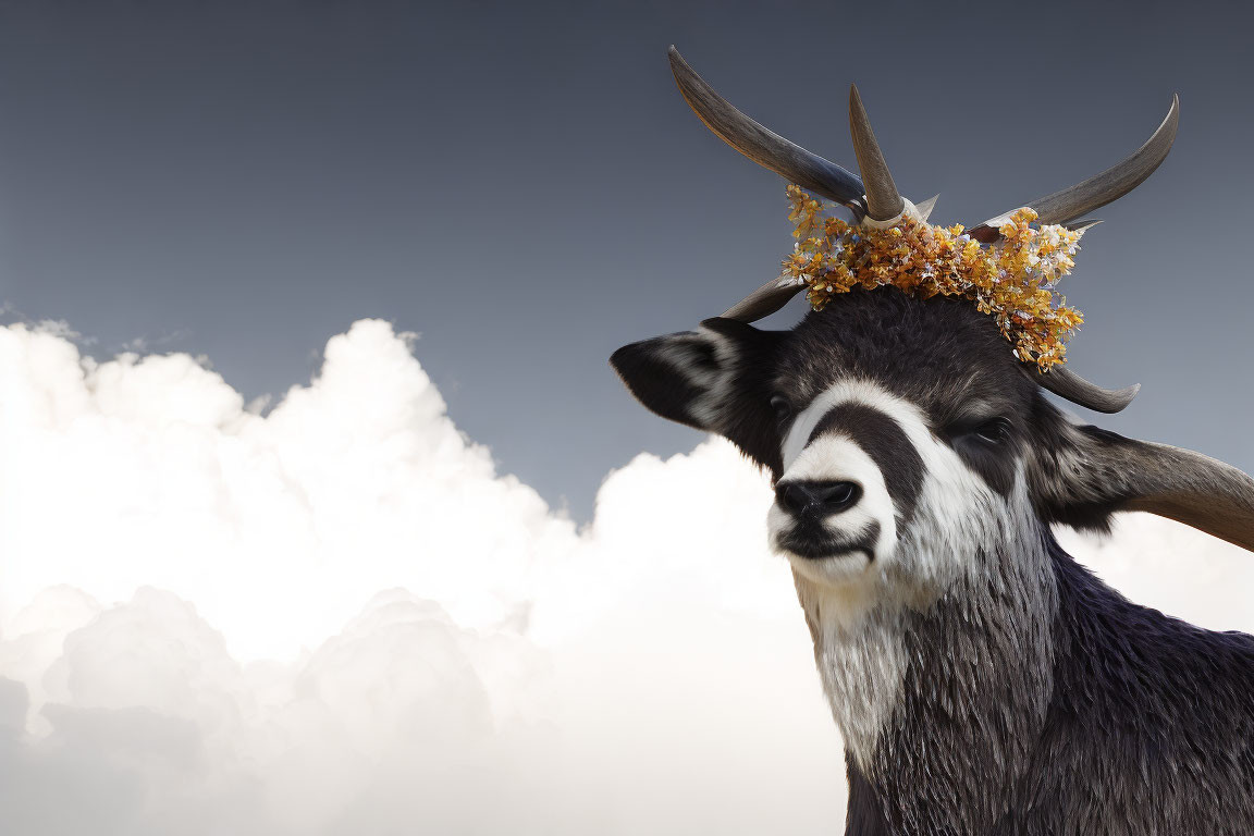 Goat with flower wreath horns in cloudy sky