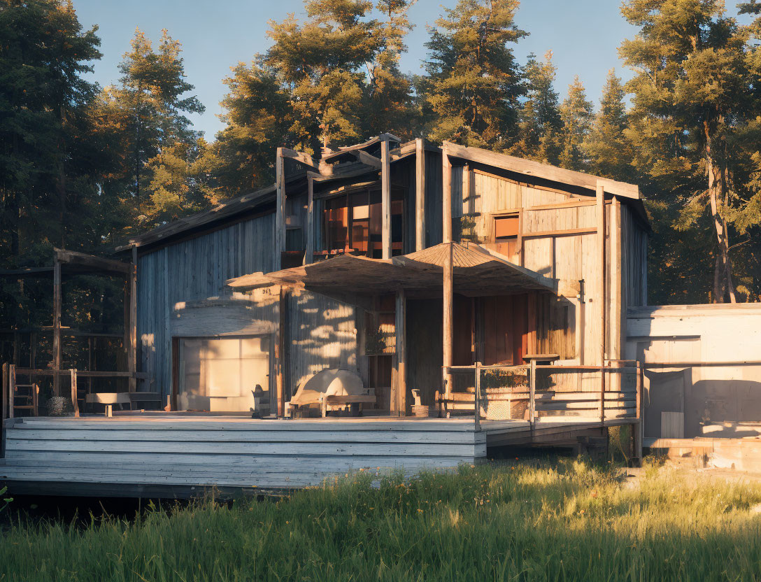 Cozy wooden cabin with deck and thatched roof in forest setting